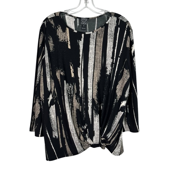 Clara Sun Woo Brown & Black Striped No-Iron Slinky Knit Plus Size Top 1X Travel - Picture 1 of 5
